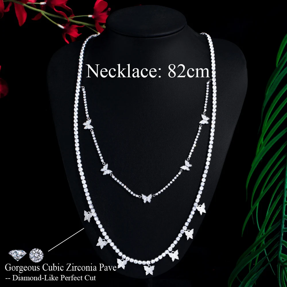 ThreeGraces 82cm Elegant Cubic Zirconia Silver Color Insect Butterfly Long Sweater Chain Necklace for Women Party Jewelry PN199
