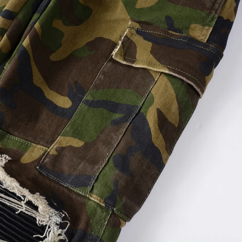 Camouflage Denim Jeans Pants Multiple Pockets Slim Fit Non Stretch Holes Ribs Patchwork Jeans Men