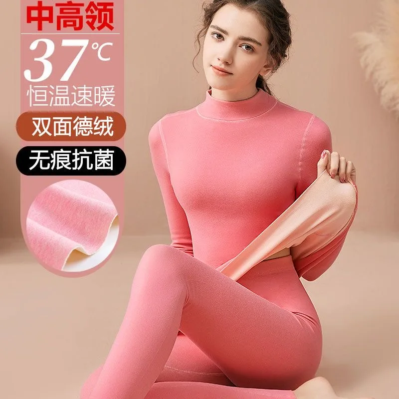 Women Thermal Underwear Sets Winter Two Pieces Fleece Cotton Tops Set Underpanties