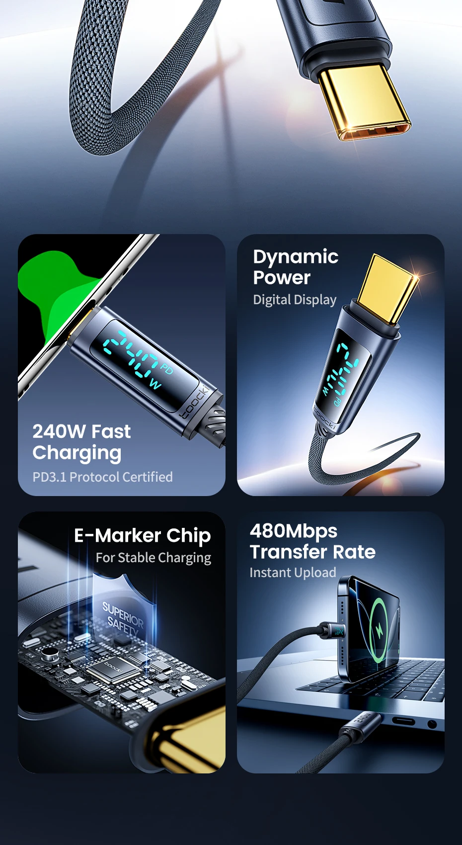 Cable Toocki USB-C PD3.1 240W LED Digital