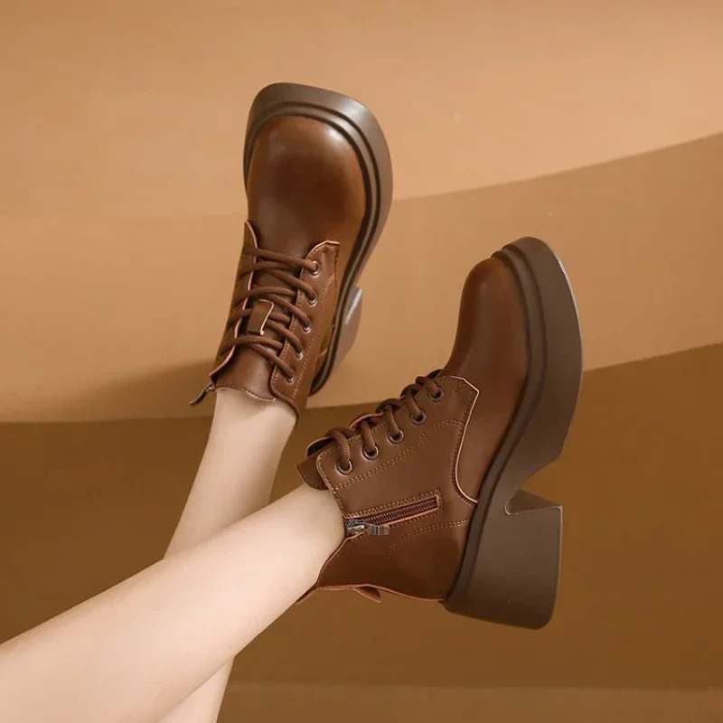 여성용 플랫폼 부츠, 레트로 수제 앵클 부츠, 레이스업 웨지, 가을, 겨울, 짧은 부츠 