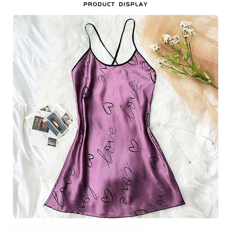 Women Pajamas Set Heart Print Cross Tie Straps Satin Fabric Pajamas Sets Nightdress Casual Round Neck Strap Sleep Dress Women's Sleepwear Dresses