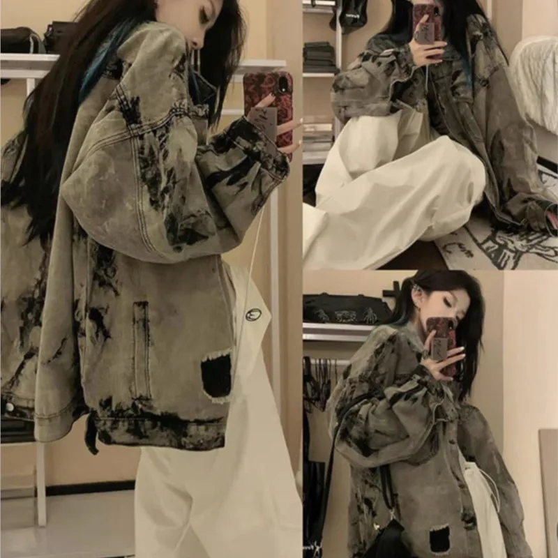 Black and Gray Ripped Coat Women's Tie-Dyed Design Sense Collar High Street Fashion Brand Unisex Style Top