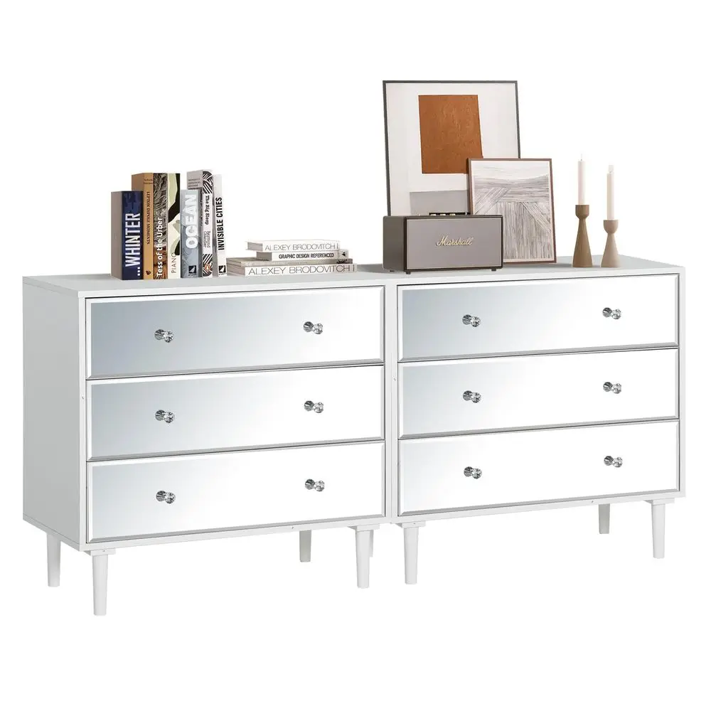 White Nightstand Set of 2 with 3 Drawers, Mirrored Bed Side Tables Bedroom, Modern Bedside Table Set of 2 with Storage, Decorat
