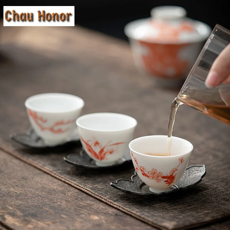 2pc/Set White Porcelain Sample Tea Cup Hand Painted Orchid Art Master Cup Tea Cup Household Kung Fu Tea Set Tea Ceremony 35ml