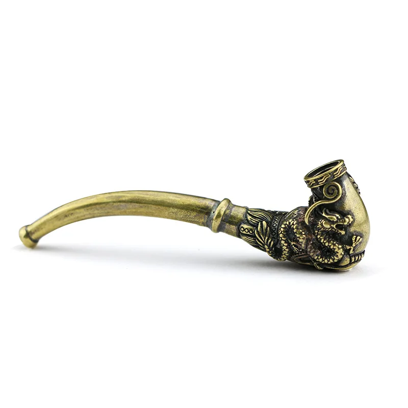 Vintage Brass Dragon Pattern Bent Smoking Tobacco Pipe