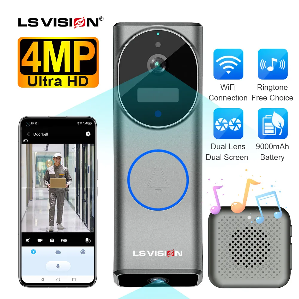 LS VISION 2K Dual Screen Video Doorbell with Chime Dual Lens PIR Motion Detection Two Way Audio Battery Powered Doorbell Camera wireless intercom doorbell
