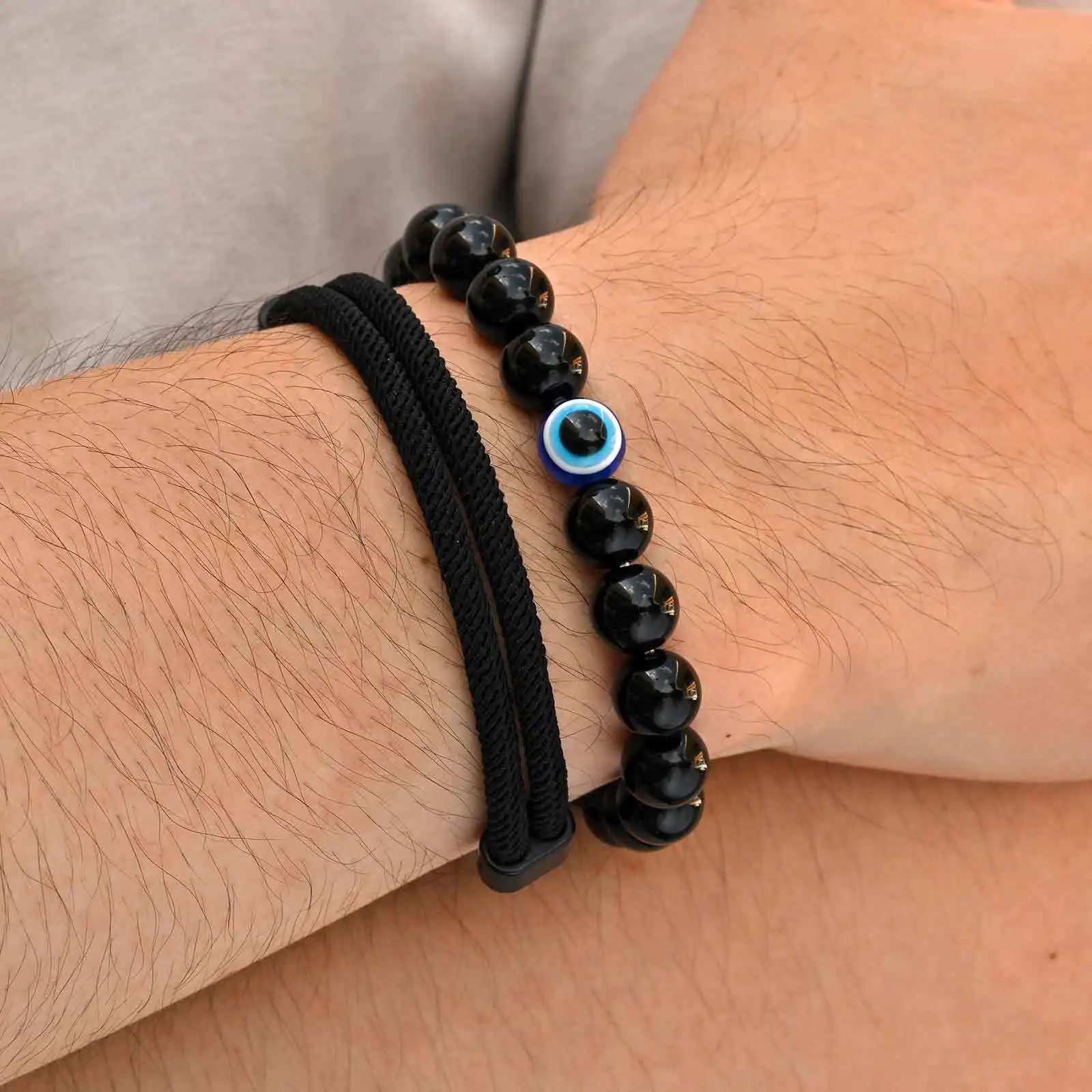 2pcs Devid Eye Beaed Bracelet for Men Boys,Cool Black Color Adjustable Rope Wristband,Türkiye Birthday Party Anniversary Gift