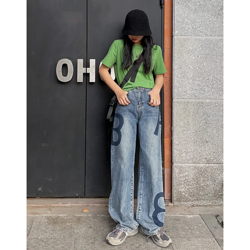 

Women Blue Jeans Letter Printing High Waist American Street Wide Leg Pants Fashion Hip Hop Vintage Straight Y2K Summer Trousers