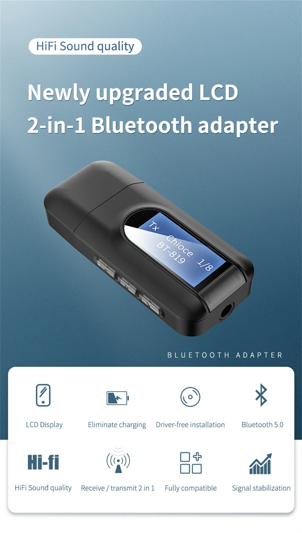 USB Bluetooth 5.0 Audio Transmitter Receiver LCD Display 3.5MM AUX RCA Stereo Wireless Adapter Dongle PC TV Car Headphones bluetooth adapter,bluetooth audio receiver,bluetooth transceiver adapter,audio adapter,bluetooth aux adaptor
