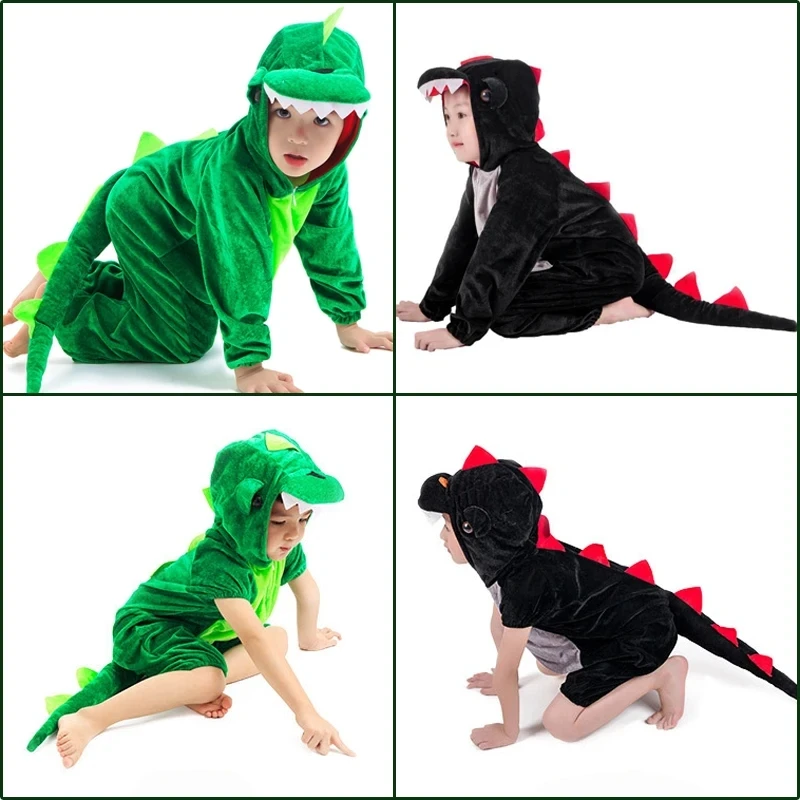 Boys Cartoon Dinosaur Costume Toddler Kids Child 2-3Y 3-4Y 4-8Y Hoodie Jumpsuit Green Black Purim Halloween Costumes