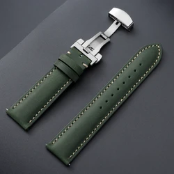 Premium Genuine Calfskin Leather Watchband with Butterfly Buckle Stitching - 22mm (Green - Silver)