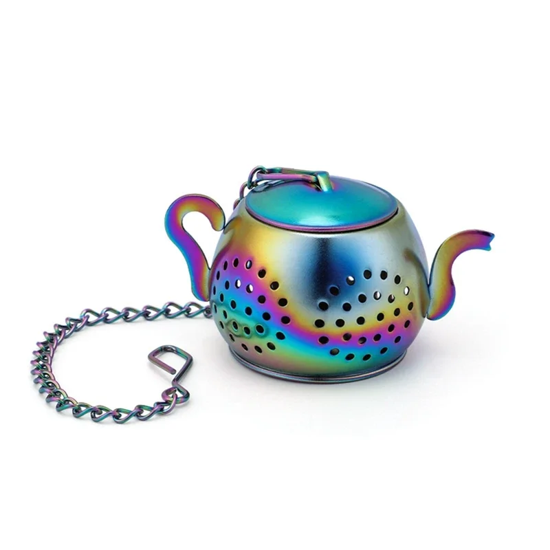 Metal Tea Strainer Teapot Shape Loose Tea Stainless Steel Infuser Leaf Tea Maker Strainer Chain Drip Tray Herbal Spice Filter images - 6