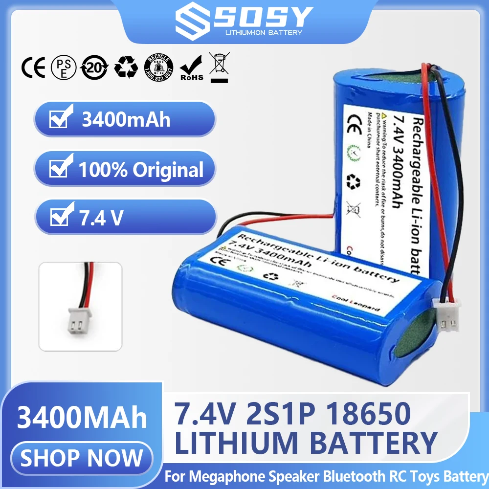 

7.4V 3400mAh Rechargeable Lithium Battery 2S1P 18650 Battery for Megaphone Speaker Bluetooth Power Bank Accessories RC Toy Parts