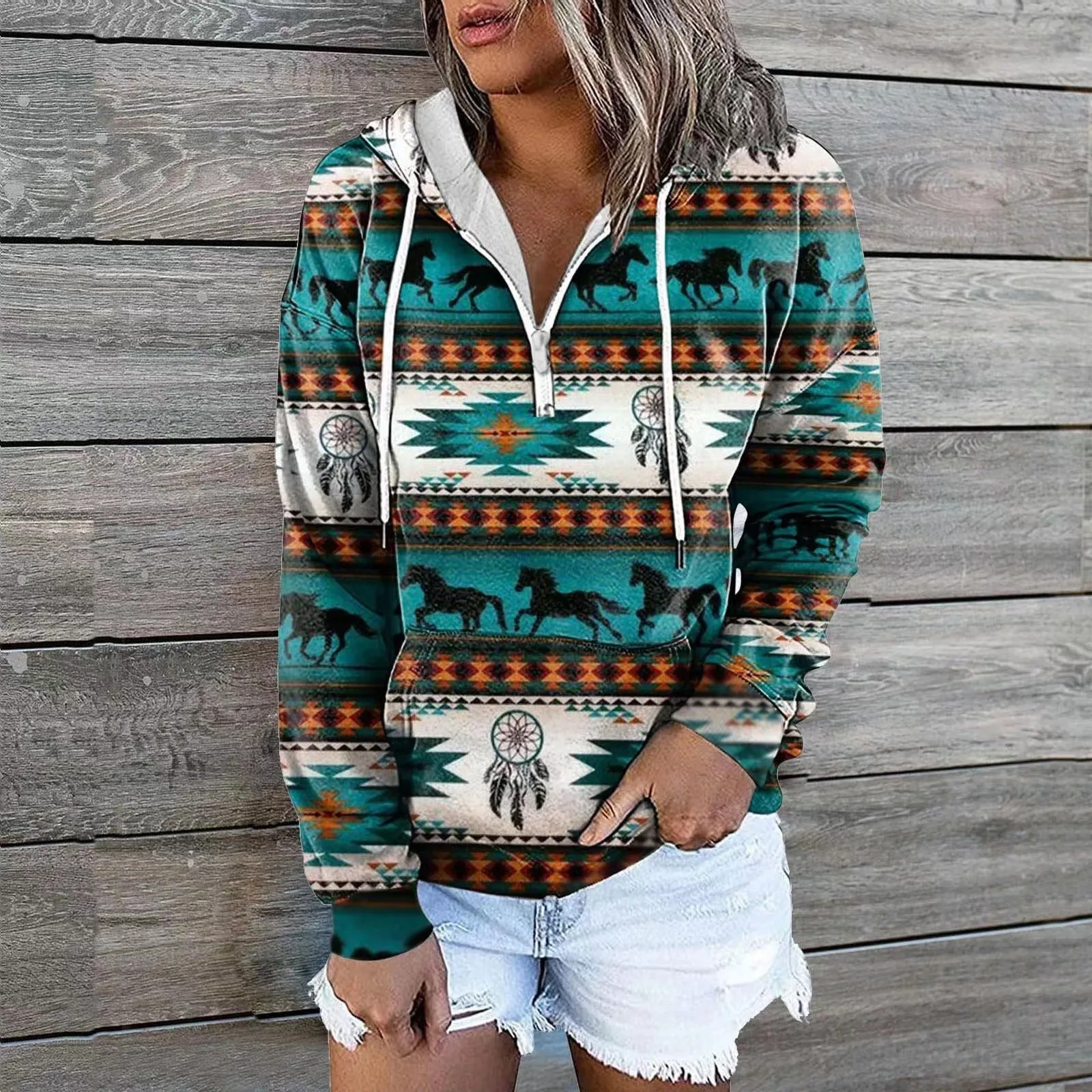 

Printed Long Sleeve Women's Sweatshirt 2022 Autumn/Winter New Ethnic Tribe Hooded Sweatshirt Casual Coat Top