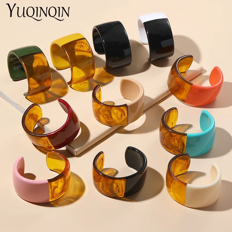 Vintage Resin Cuff Bracelet Bangles for Women Colorful Acrylic Wide Open Bracelet Charms Female Simple Party Fashion Jewelry New