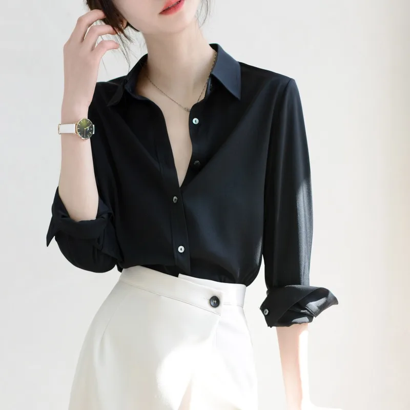 

Simple Style Black Satin Silky Shirt for Women, High-end Korean Style Loose Workplace Commuting Long-sleeved Shirt