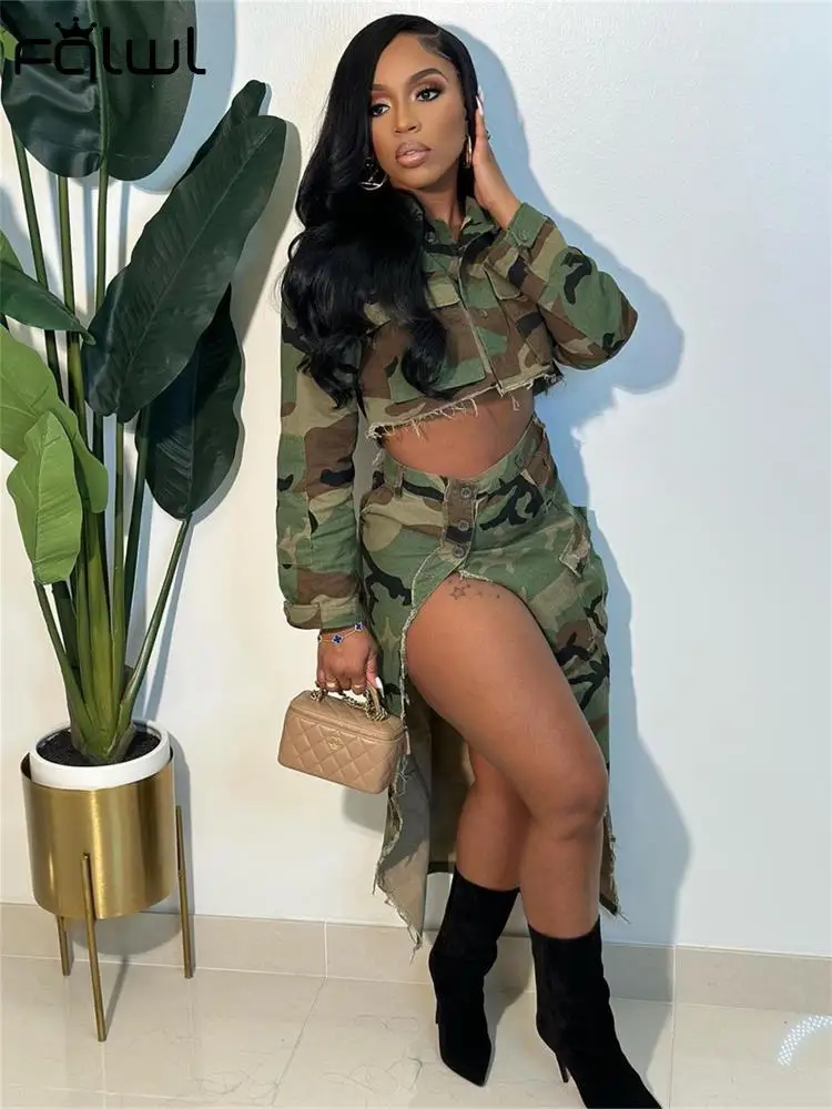 

Habbris Summer Camouflage Jacket And Skirts Camouflage For Women 2023 Button Bodycon Long Sleeve Jacket And Mini Side Slit Skirt