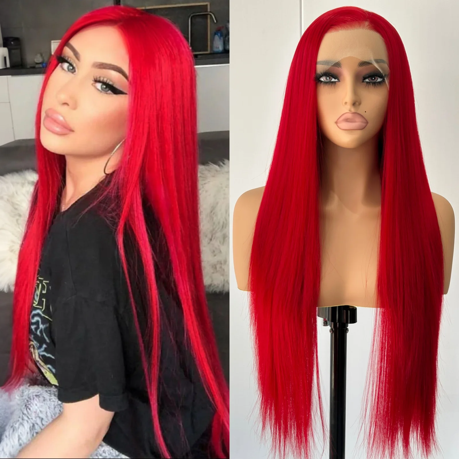Lace Front Wig 13X4 Burgundy Red Wig Long Straight Synthetic Lace Front Wig Dark Wine Colored Hair Lace Frontal Wigs for Women Party Cosplay