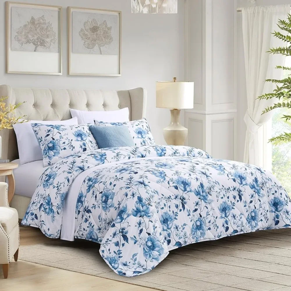 

Queen Size Down Alternative Comforter Sets for All Seasons, Full Size Quilt, Garden Floral Farmhouse,2 Pillow Shams,Blue & White