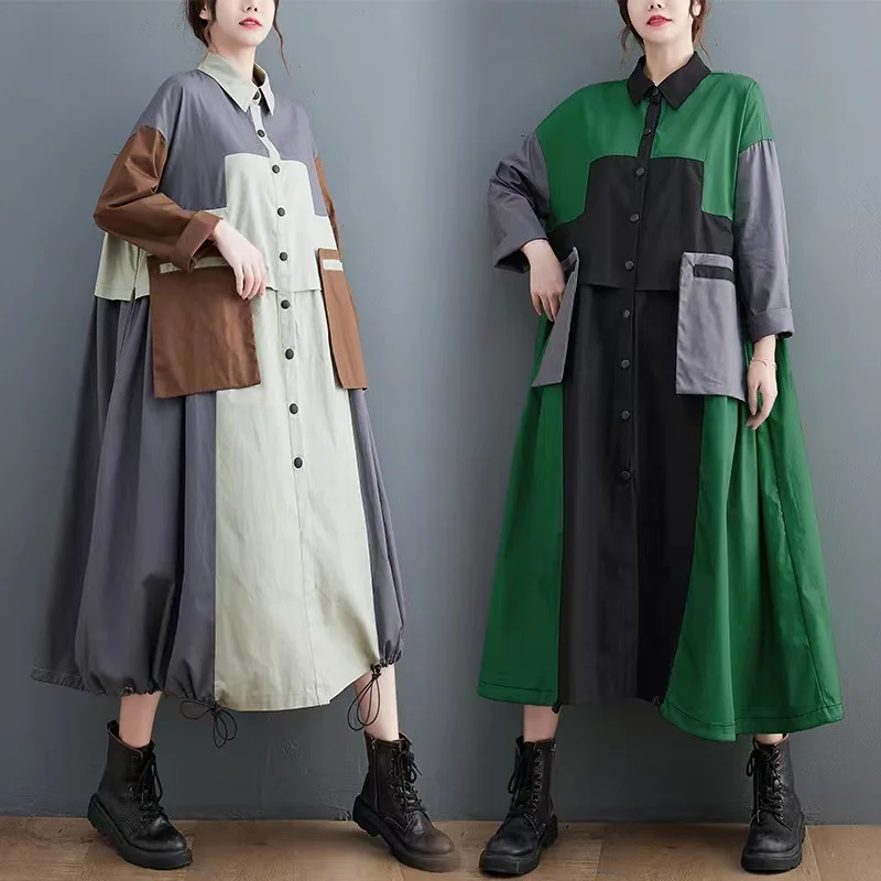 

2023 autumn and winter new European and American women's dress color contrast loose thin long trench coat
