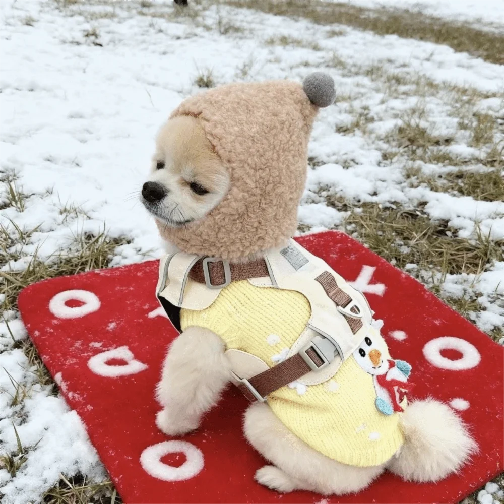 재미있는 따뜻한 애완동물 머리 보호대 편안한 소음 차단 애완동물 헤드기어 볼이 달린 부드러운 겨울 애완동물 모자 파티용