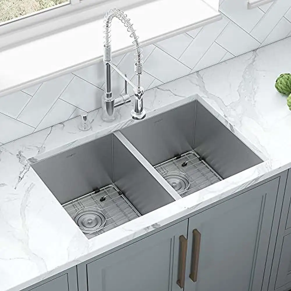 30-inch Stainless Steel Double Bowl Kitchen Sink Undermount/Flush Mount Installation Heavy Duty Sound Guard Padding Zero Radius 2