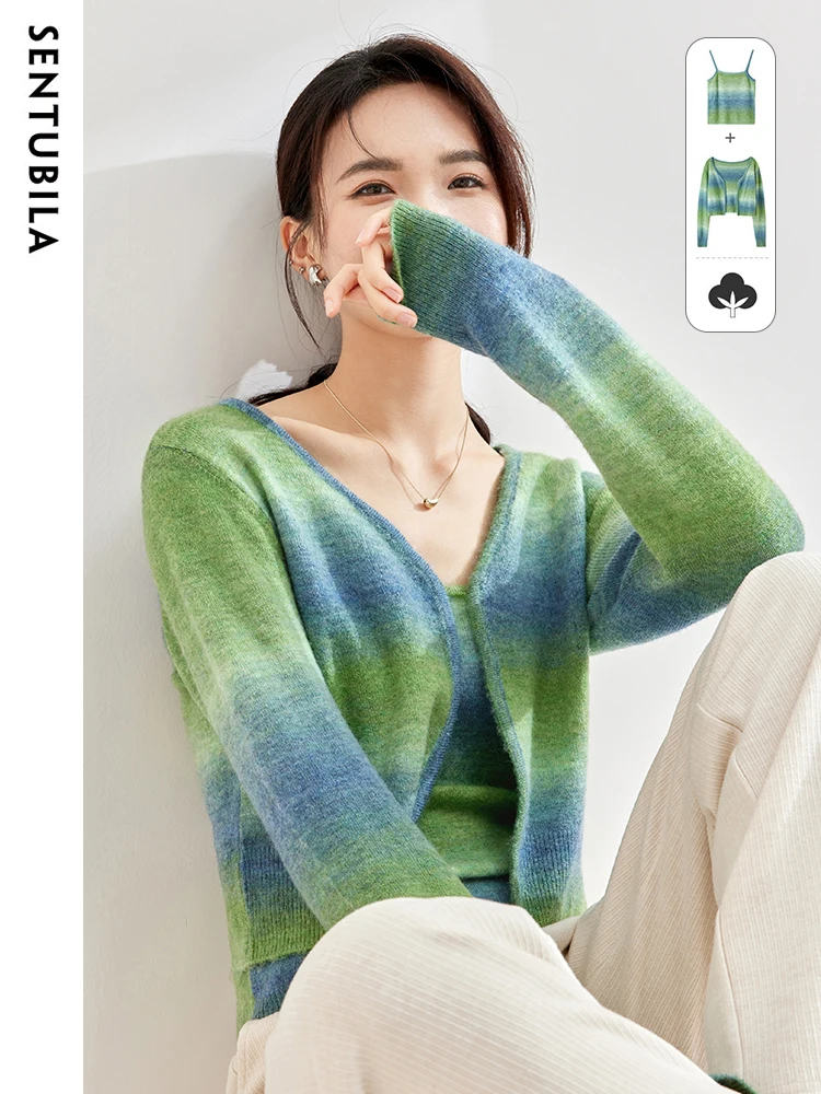 

Sentubila Tie Dye Gradient Wool Blend Cardigan Two-Piece Set 2023 Autumn Elegant Camisole Tank Top Knit Jacket Outfit W33Z51667