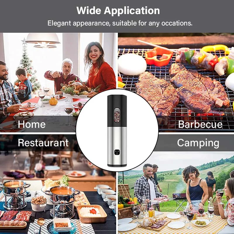 Electric Black Pepper Grinder, Automatic Adjustable Coarseness Salt and Pepper Mill Battery Operated Refillable Stainless Steel