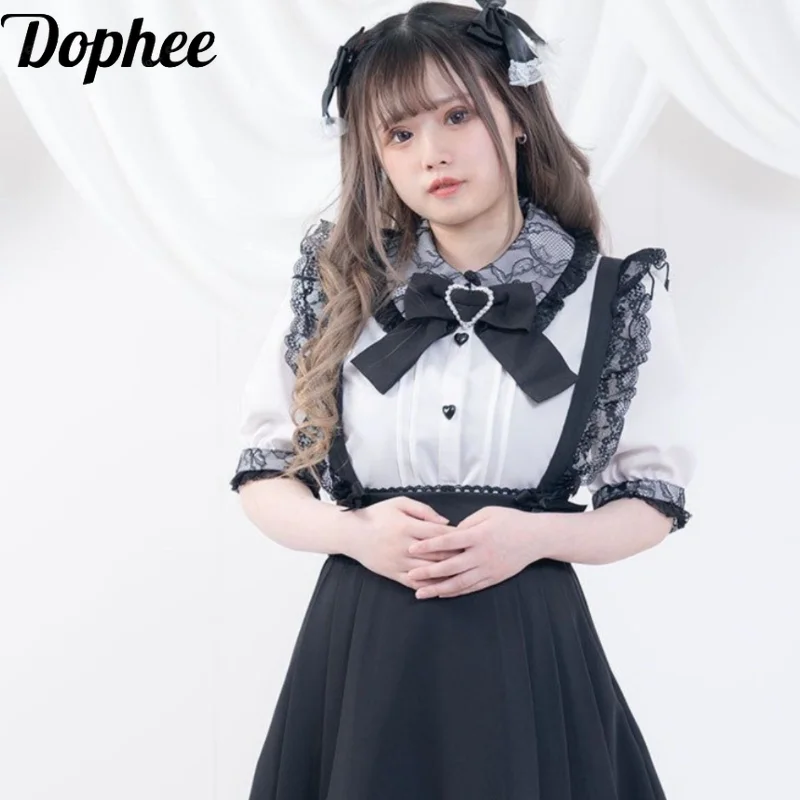 

Оригинальные японские рубашки Dophee в стиле Лолиты, Женский Универсальный Готический топ с коротким рукавом, элегантные кружевные блузки с круглым воротником и бантом