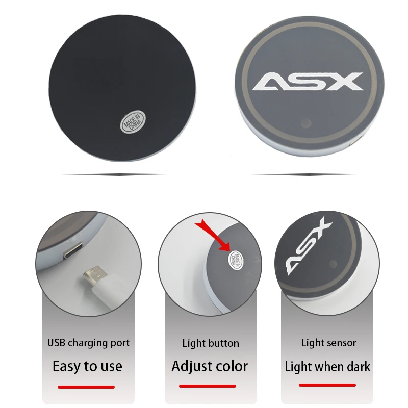 야광 LED 자동차 컵 홀더 코스터 조명, 미쓰비시 ASX용, USB 충전, 내부 분위기 램프, 7 가지 색상 변경