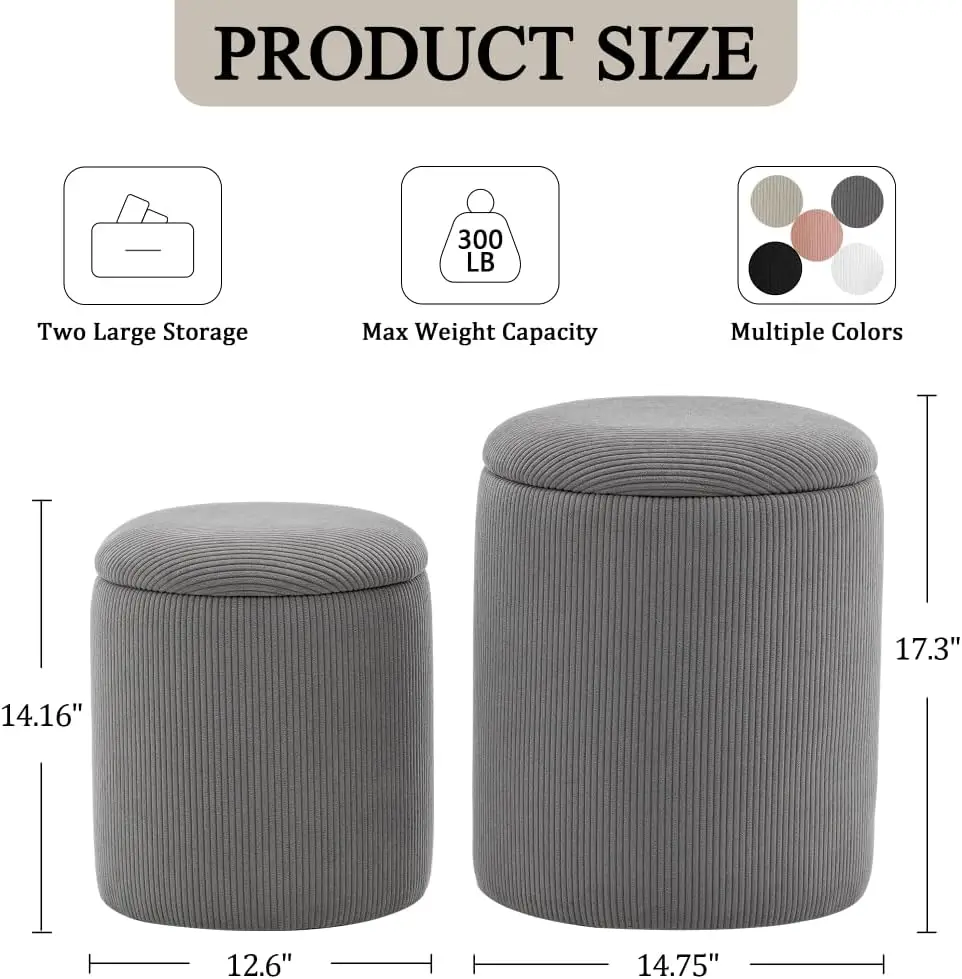 Round Ottoman with Storage, Set of 2, Small Vanity Stool as Vanity Chair, Corduroy Ottoman Foot Rest