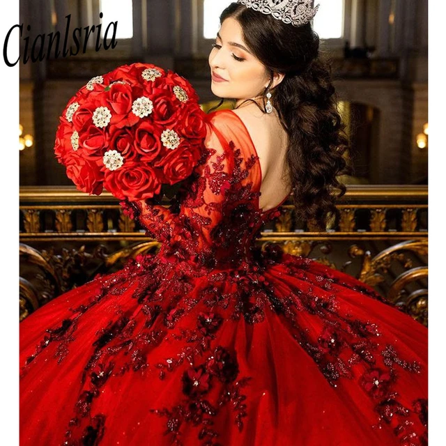 Vestidos de quinceañera rojos, vestido de baile de manga larga, lentejuelas  con cuentas brillantes, vestidos dulces de México 16, 15 años - AliExpress