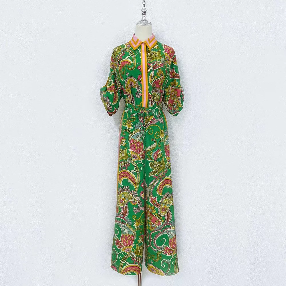 

HIGH QUALITY Newest 2023 Designer Runway Suits Women's Print Half Sleeves Blouse + Waist Elastic Long Pants Silk Sets