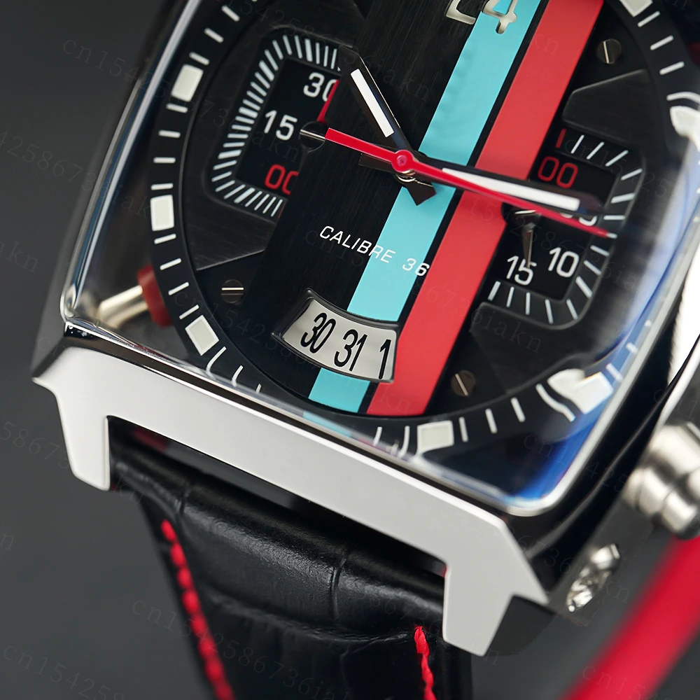 2022Fashion New Men's Color Bar Square Dial Sapphire Mirror Stainless Steel Leather Strap Sports Leisure Waterproof Quartz Watch