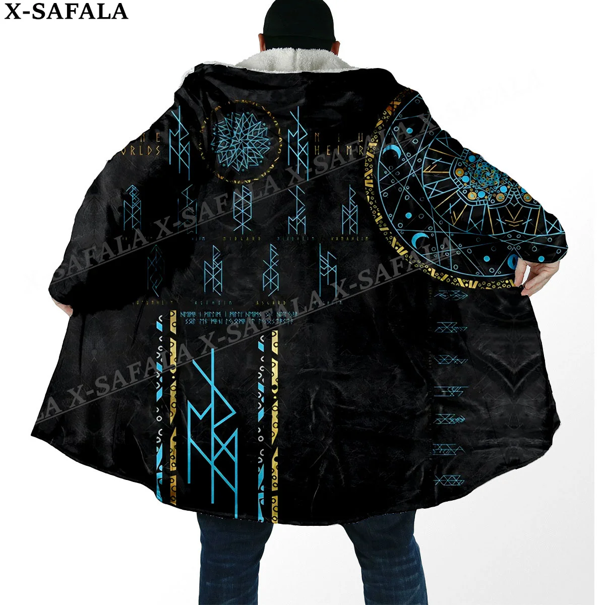 Mens Hooded Cloak Norse Mythology Vegvisir Viking Print Thick Warm Windproof Fleece Cape Robe Hooded Blanket-4