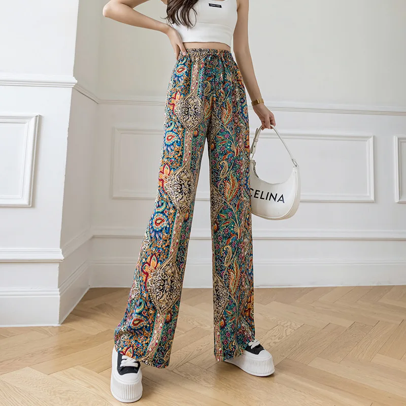 Summer Women Ink Tie Dye Baggy Wide Leg Ice Silk Pants 2023 Vintage Clothes Women\'s Casual Trousers Female Plus Size Pants