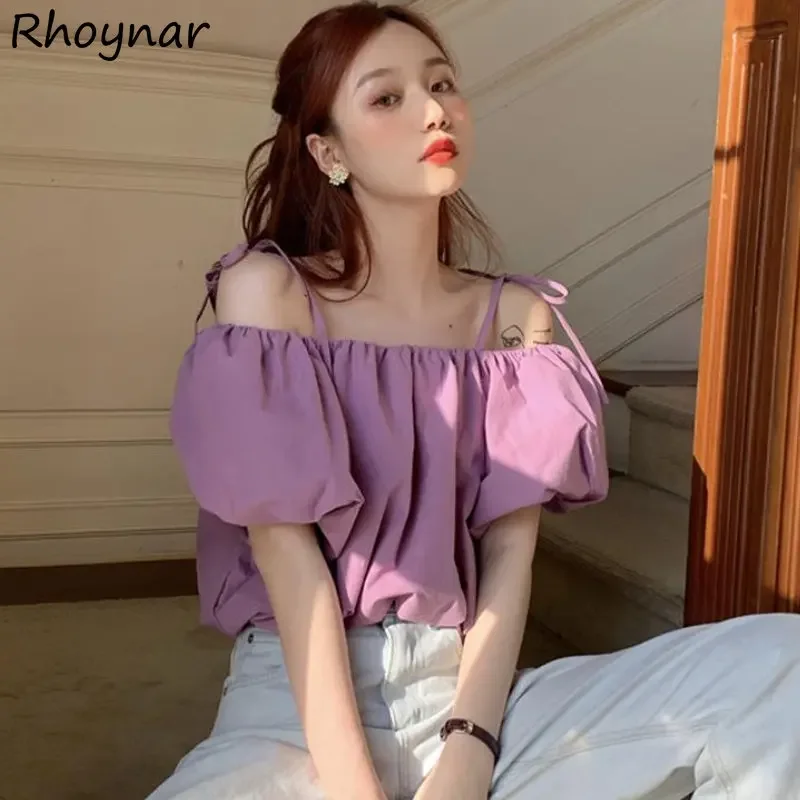 

Blouses Women Hotsweet Girlish Slash Neck Korean Style Harajuku Age-reducing New Summer Popular Loose Shirring Casual Literary