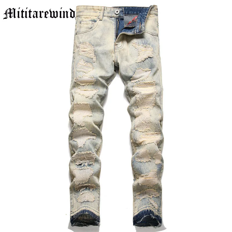 

Men's Spring Jeans Y2k Full Length Straight Casual Veratile Hole Patchwork Male Pants High Street Trousers Hip Hop Vintage Retro