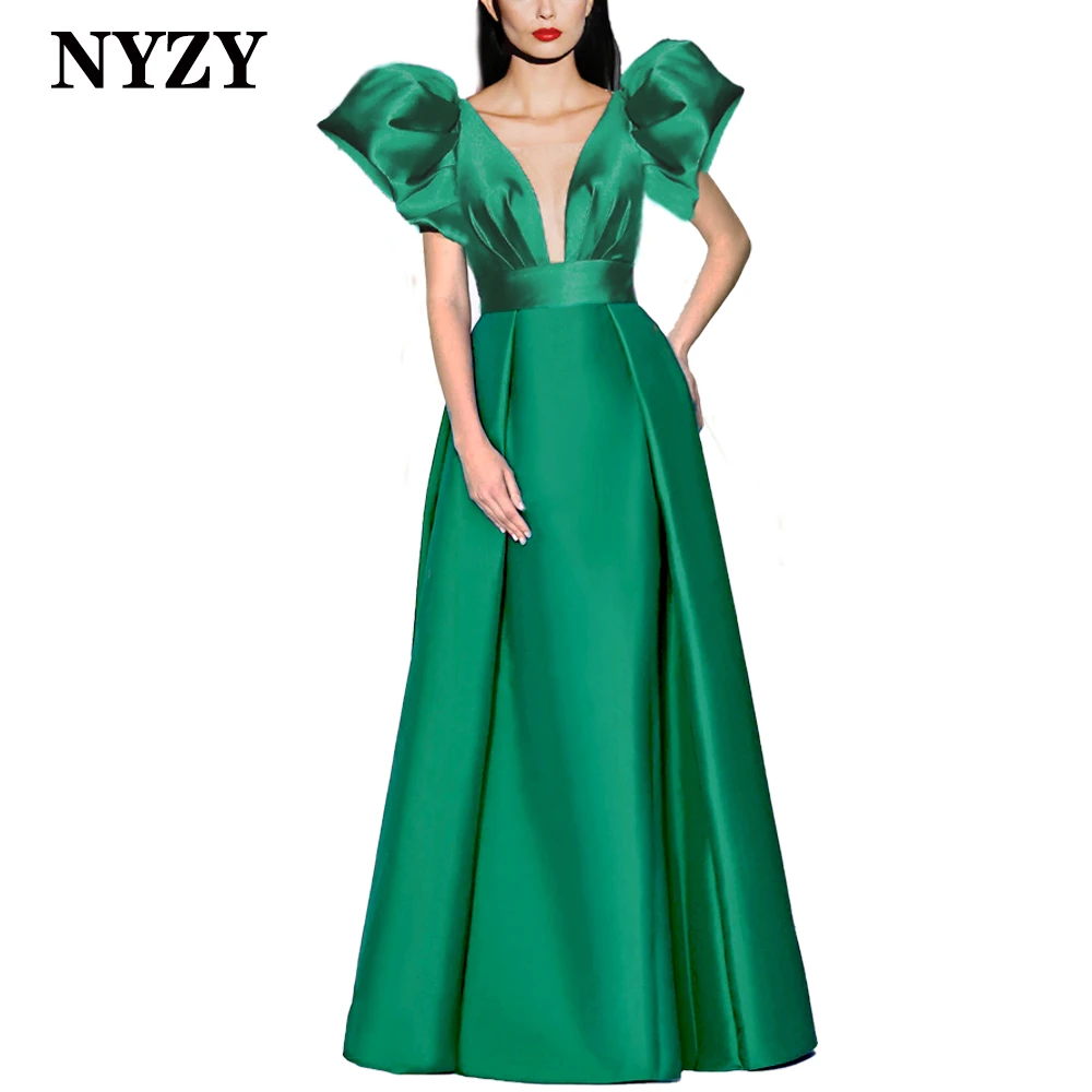 

NYZY P151 Sexy Deep V-neck Puffy Sleeves Satin Green Evening Dresses 2024 Wedding Party Prom Gowns Long