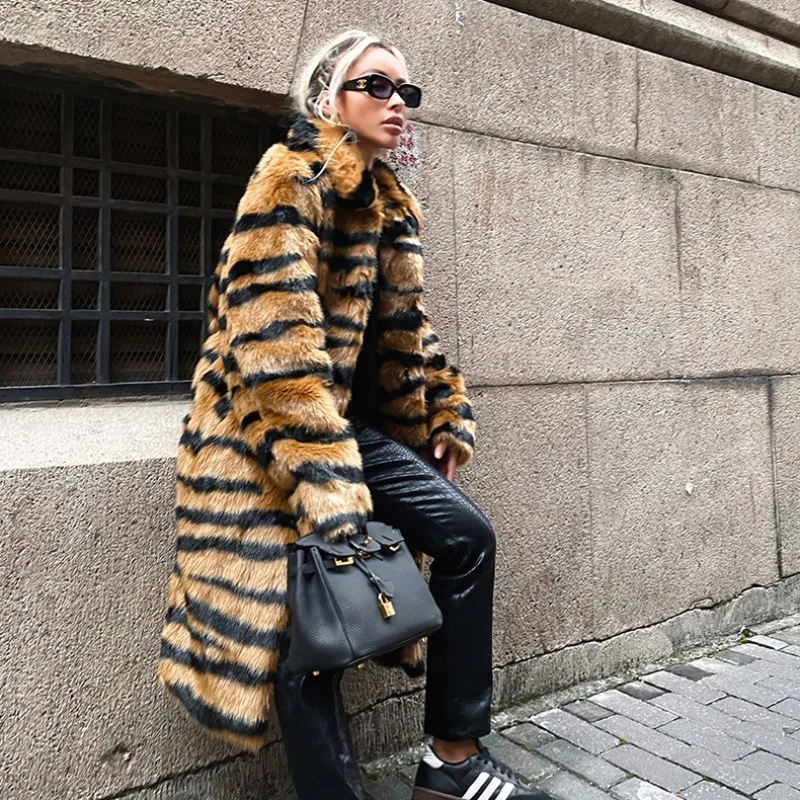 Winter Women Temperament Tiger Pattern Imitation Fur Coat Long Below The Knee Loose Large Size Outwear Fashion Versatile Outwear