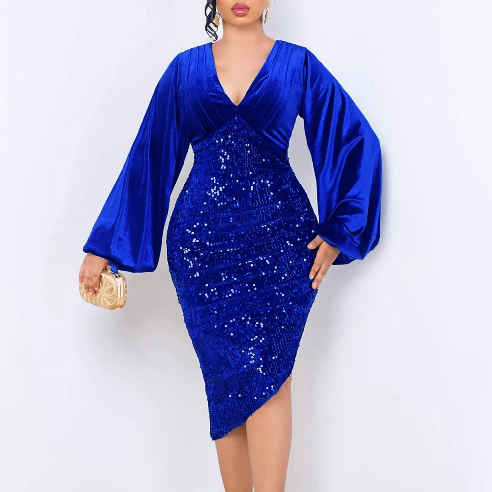 

Sexy Sequined Dresses for Women Bodycon V Neck Full Sleeve Asymmetric Mid Calf Luxury Female Birthday Party Dinner Vestidos Robe