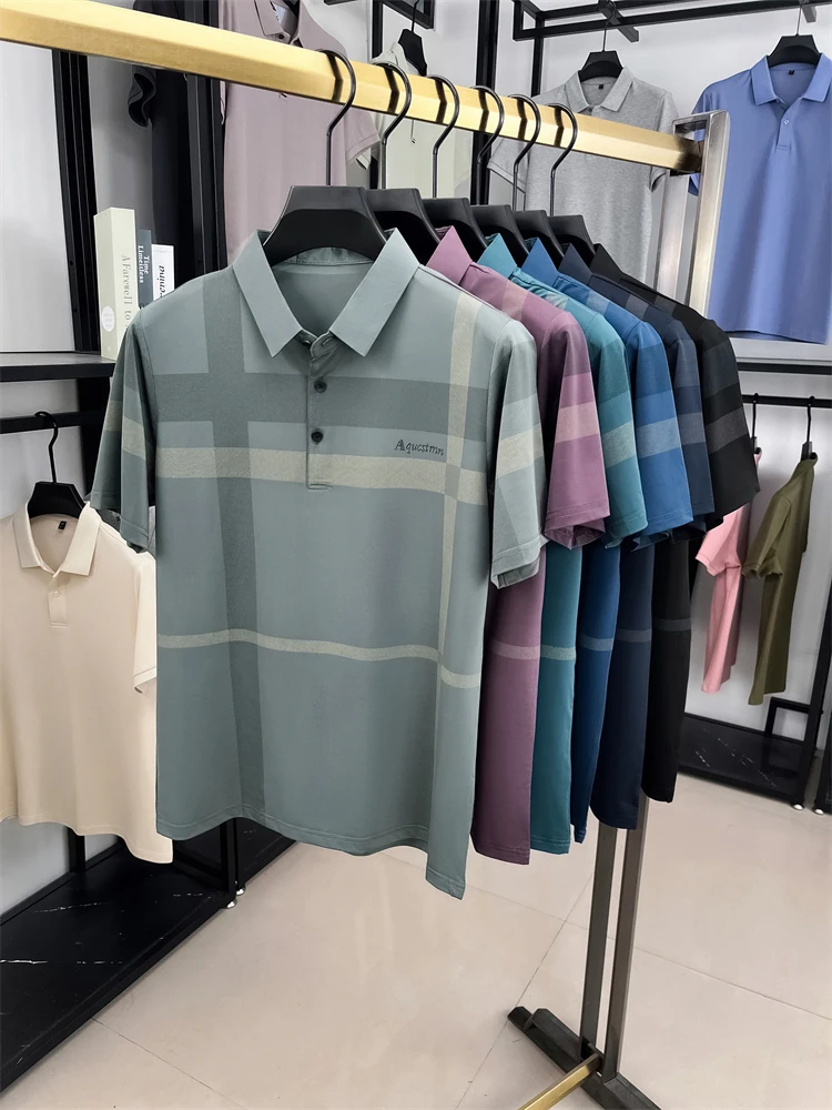 Summer High-end Luxury Men's Polo Shirt Lapel Stripe Print Short-sleeve Seamless T-shirt British Business Fashion Top Men's Wear 10