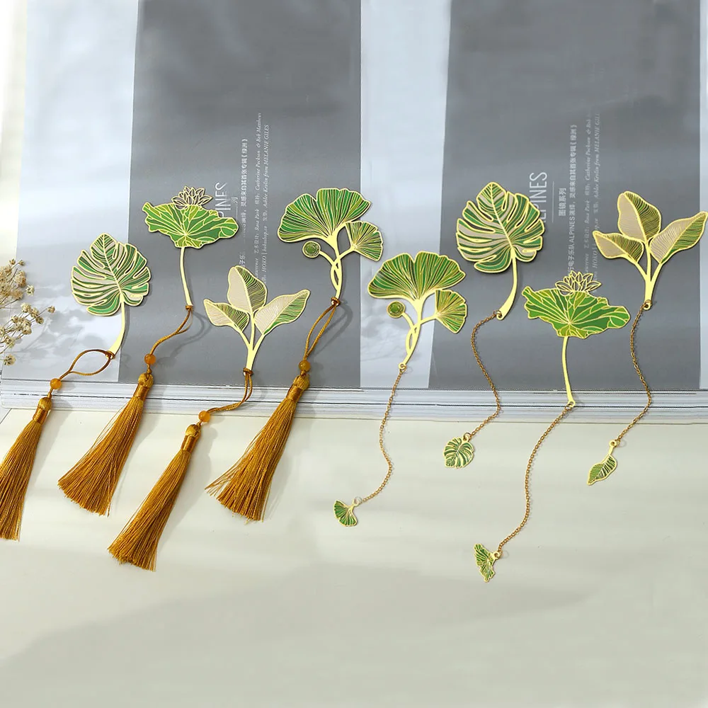 Exquisite Leaf Shape Metal Bookmarks With Tassel Creative Ginkgo Lotus Leaves Book Mark Student Stationery Reading Supplies Gift metal bookmark bookmarks stationery supplies