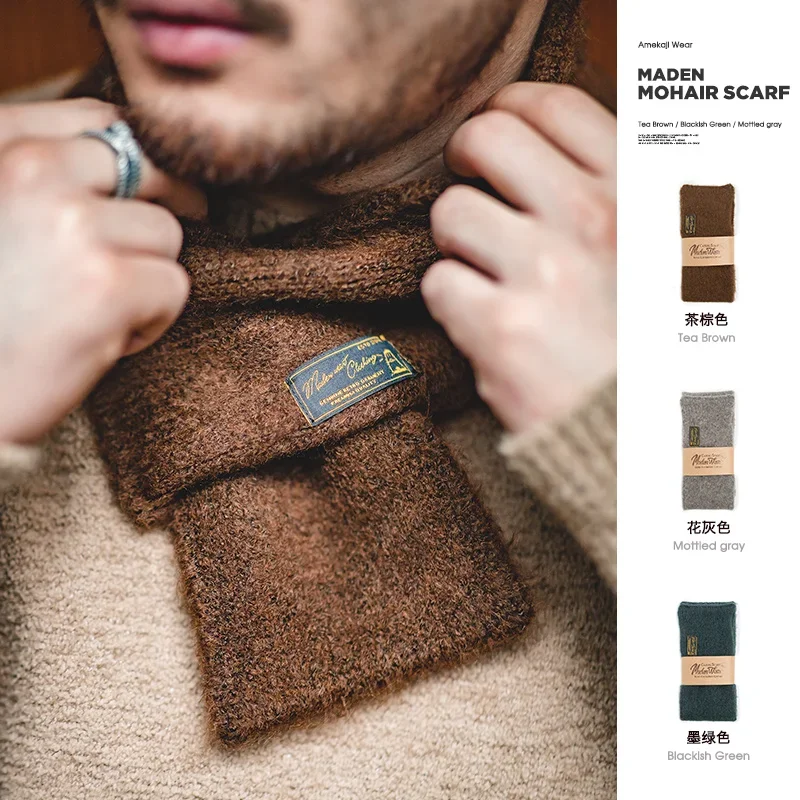 

Maden Vintage Mohair Scarf Winter Knitted Scarves Men & Women Warm Windproof Solid Color Simple Fashion Small Size Collar Scarf