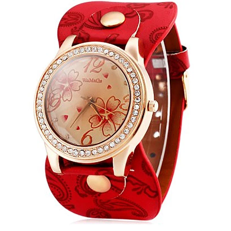 

Womage Watch Women Crystal Watches Oversize Dial Red Leather Band Quartz Wrist Watches Ladies Relogio Feminino Dames Horloge