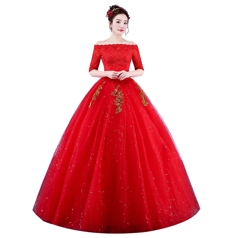 

Red/White Wedding Dress New Style Plus Size Lace Up Bride Dress Ball Gowns Middle Sleeve Vrstidos De Novia Wedding Dresses