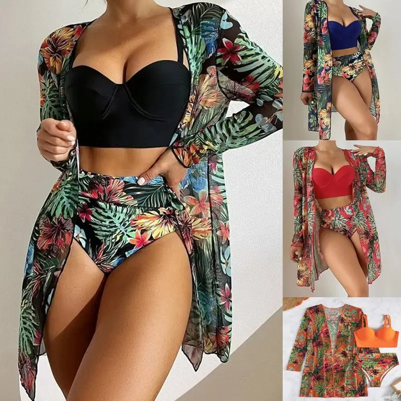 

Mesh Shawl Hard Wrap With Steel Tray Printing Three Piece bikini set Small Chest Gathering swimwear female two-piece separates