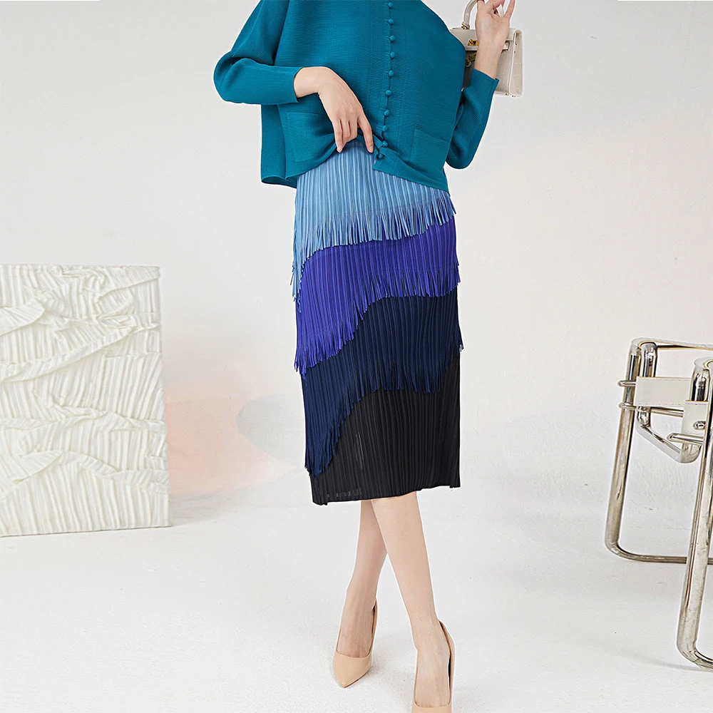 

New Gradient Tassels Skirt Women's Spring Summer High Waist Elegant Pencil Skirt Blue Pink Midi Pleated Fringe Skirts VD3681