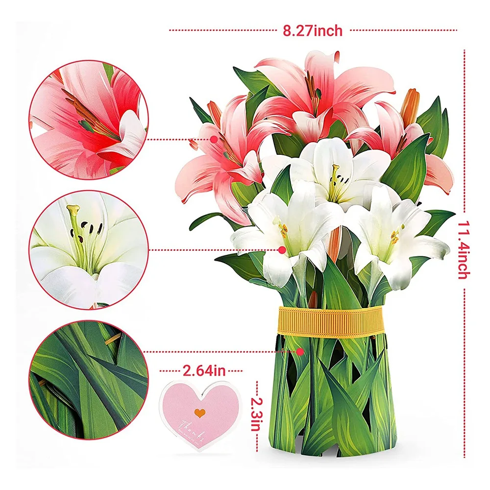 Paper Pop-Up Cards Lilies Flower Bouquet 3D Greeting Cards for Mom Mothers Day All Occasions